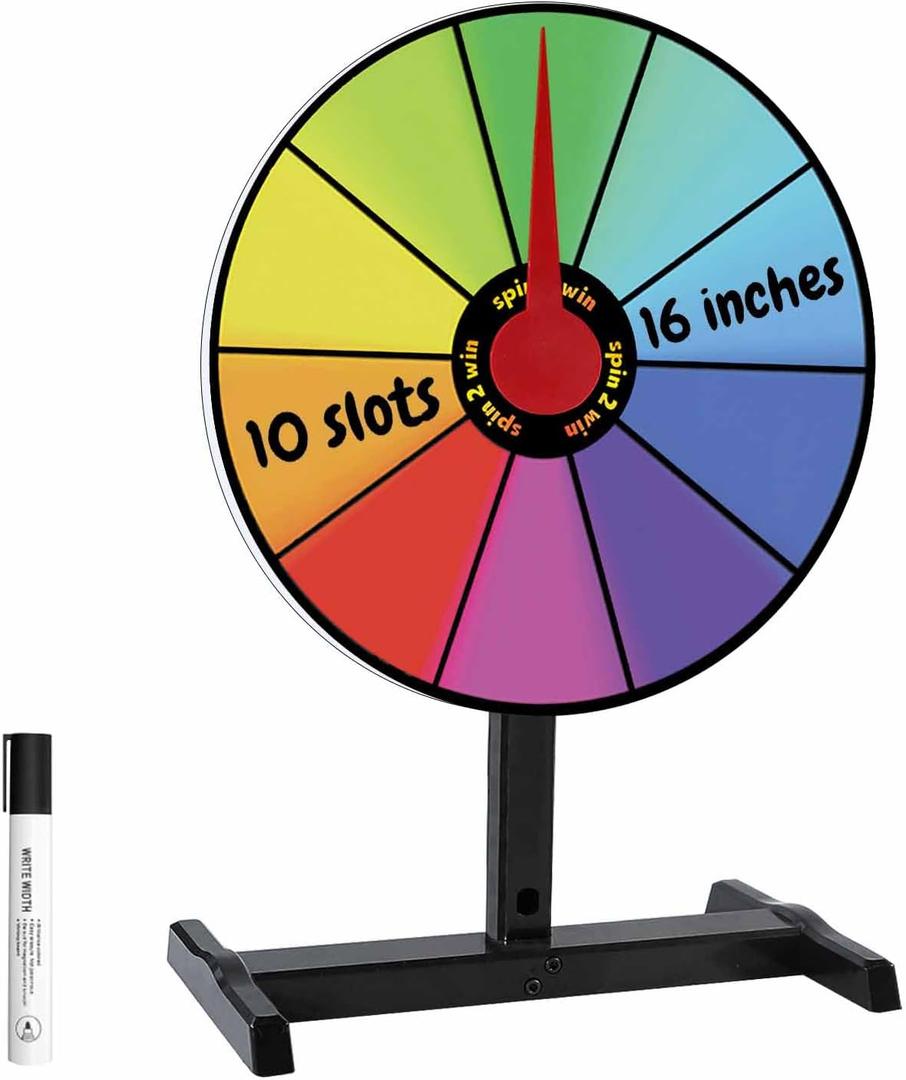 16 Inch Prize Wheel Spinner with Stand - Tabletop Color Spinning Wheel for Prizes, Spin The Wheel Game with 10 Slots, Roulette Wheel Spinner for Trade Show, Carnival, Party and Home Games