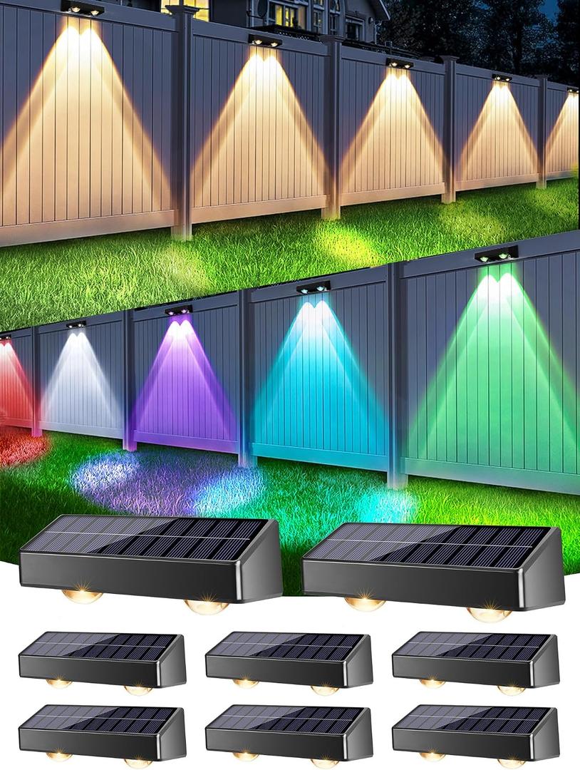 Brizled Solar Fence Lights Outdoor, 8 Pack 9 Colors & 11 Modes - Warm White/Cool White/RGB Color Changing Solar Wall Lights, 100lm IP65 Waterproof Outdoor Lighting for Halloween Railing Wall Fence