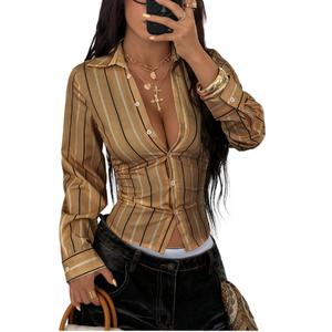 GORGLITTER Women's Striped Fitted Shirt Y2k Cinched Waist Tops Ruched Long Sleeve Button Up Blouses Dressy Streetwear Coffee Brown X-Large