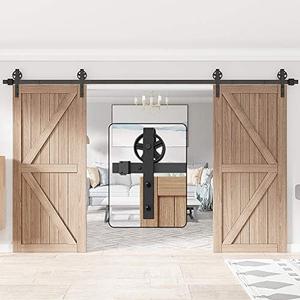 WINSOON 11FT Wood Double Sliding Barn Door Hardware Basic Black Big Spoke Wheel Roller Kit，5-18FT for Choose