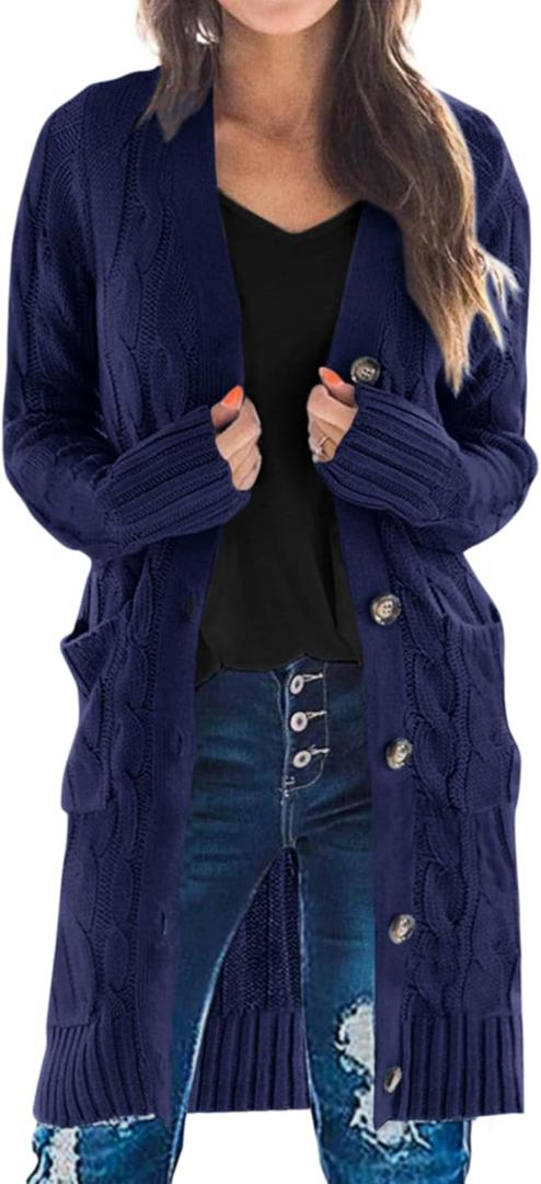 PRETTYGARDEN Long Sleeve Cable Knit Long Cardigan for Women 2026 Spring Winter Chunky Open Front Button Sweaters with Pockets (Blue, XL)