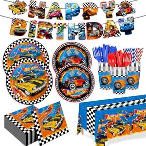 194pcs Birthday Party Decorations Supplies Race Car Plates Napkins Banner Tablecloth Disposable Paper Cups Straws Tableware Set for Kids Boys Birthday Decor 24 Guests
