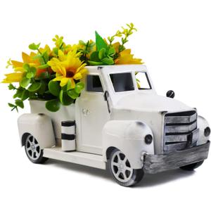 Sunflower Metal Truck with Artificial Flower Vintage Farm Pickup Farmhouse Tabletop Tiered Tray Decor, Rustic Farmhouse Decor for Table Top Decor Home Kitchen(White)