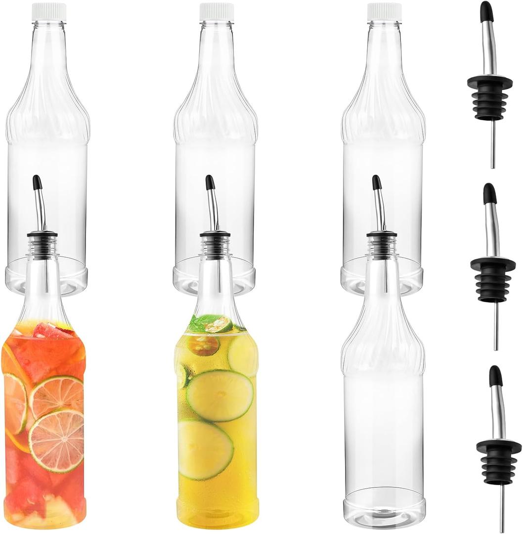 12 Pieces 32oz Plastic Long Neck Bottles with Pourer and Caps, Plastic Juice Pour Bottles with Stainless Steel Bottle Pourer, Clear Empty Syrup Liquor Bottles with Tapered Spout for Bar