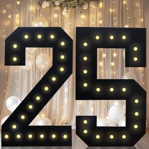 4FT Marquee Light Up Numbers, Black Giant Marquee Number Big Mosaic Number for 25th Birthday Party Decorations Backdrop 25 Anniversary Decor, Pre-Cut Frame Large Number 25