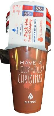 Manna 4 Pack Hot Color Changing Reusable To Go Cups & 4 Sipping Lids 16 Oz.