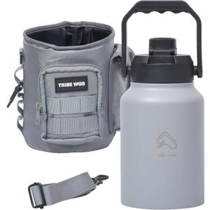 TRIBE WOD Tactical Water Bottle - 64 oz - Outdoor Military Water Bottles Stainless Steel - Double-Wall Jug with Rugged Strap and Removable Sleeve for Keys, Wallet, Phone (Ash Grey)