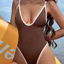 ESONLAR Women's Sexy Plunging V Neck Bathing Suit Open Back One Piece Swimsuits (Brown, S)