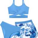 Girls Swimsuit 3 Piece Bathing Suit Criss Cross Bikini Set Girls' Swimwear with Shorts 7-16T (7-8 Years, Blue)