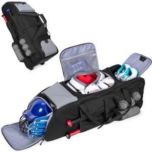 GOBUROS Rolling Baseball Bag for 4 Bats, Black Softball Bag with Wheels, Large Baseball Equipment Bag with Separate Shoe Compartment and Glove Pocket