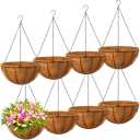 Rtteri Hanging Planters Metal Flower Pots Basket Holder with Coconut Coir Liners Metal Round Wire Plant Holder with Chain Porch for Indoor Outdoor Patio Porch Garden Decoration (8 Pcs,12 Inch)
