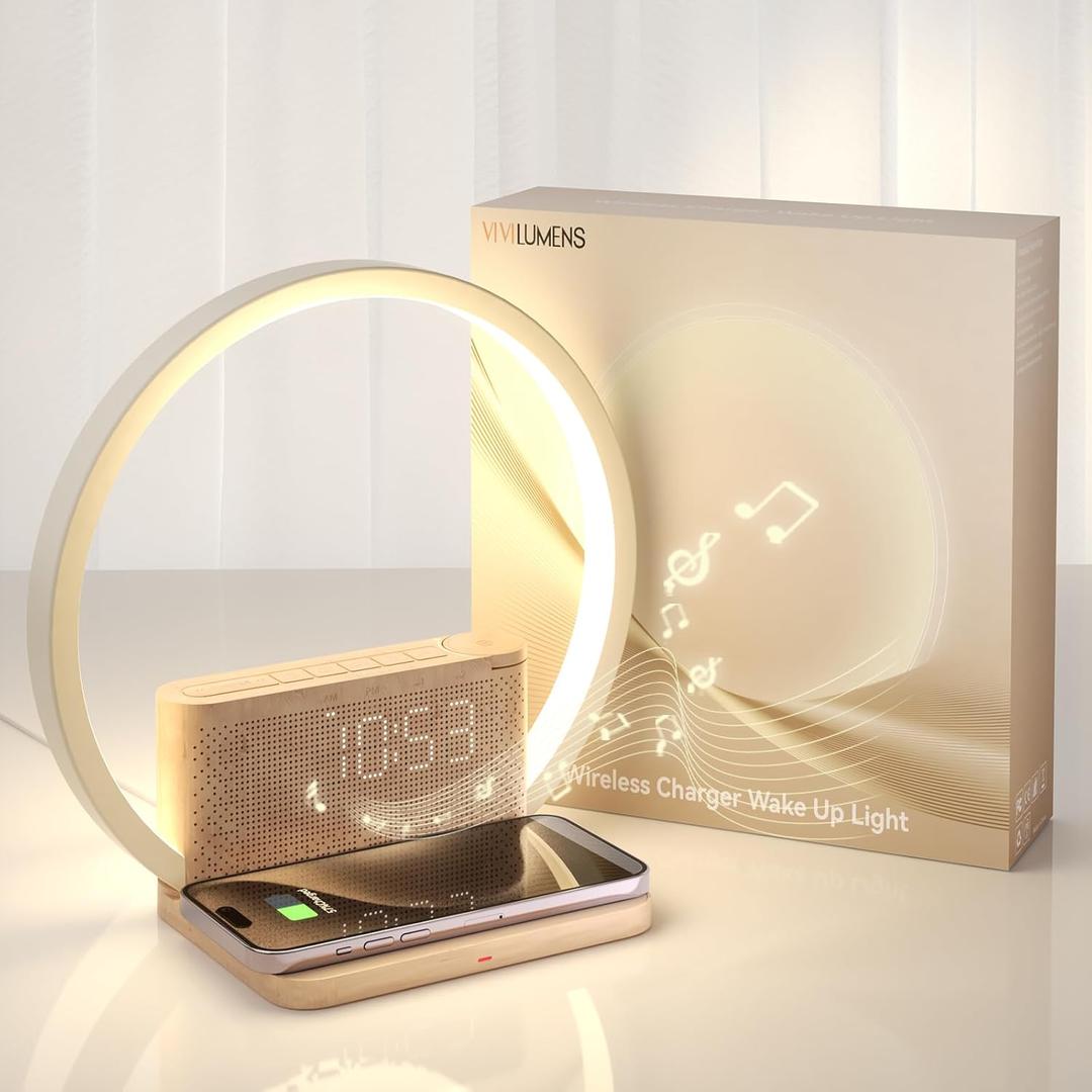 Vivilumens Sunrise Alarm Clock Wireless Charger, 10 White Noise Sound Machine Alarm Clock with 30/60/90 Mins Timer, 3 Levels Touch Night Light Dual Clocks for Heavy Sleeper Bedroom Decor Gifts for Her