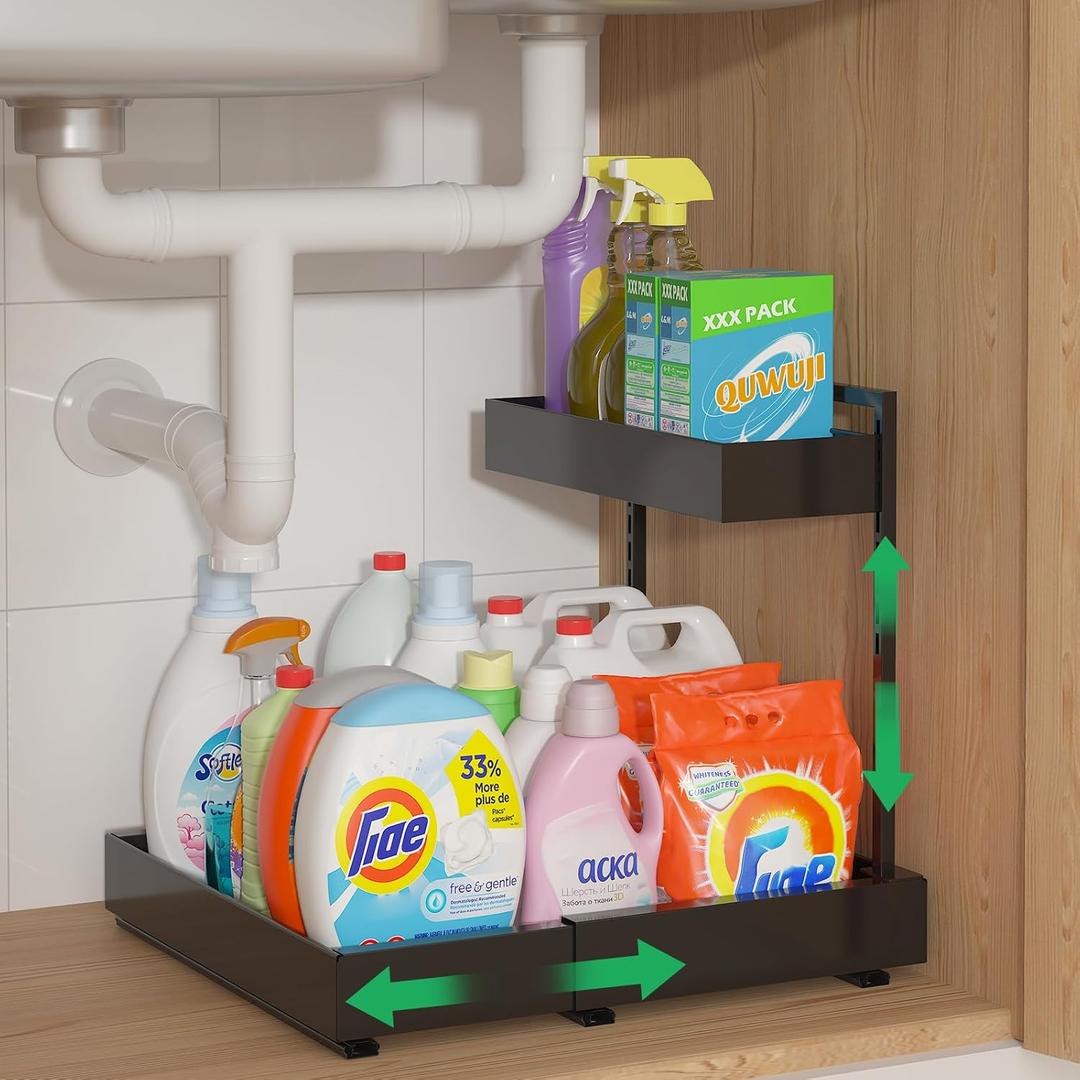 REALINN Expandable Under Sink Organizers and Storage, 2 Tier Under Cabinet Organizer, Heights Adjustable Pull Out Rack for Kitchen Bathroom Laundry, Black, 1 Pack