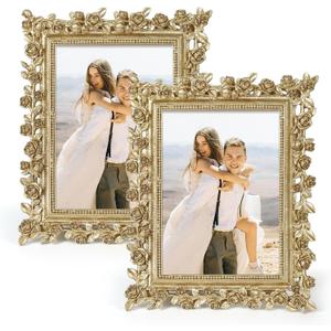 5x7 Wedding Frame Gold, 2 Pack Decorative Picture Frame with Stand for Tabletop Shelf Decor, Antique Brass Floral Photo Frame for Christmas Thanksgiving Engagement Gift
