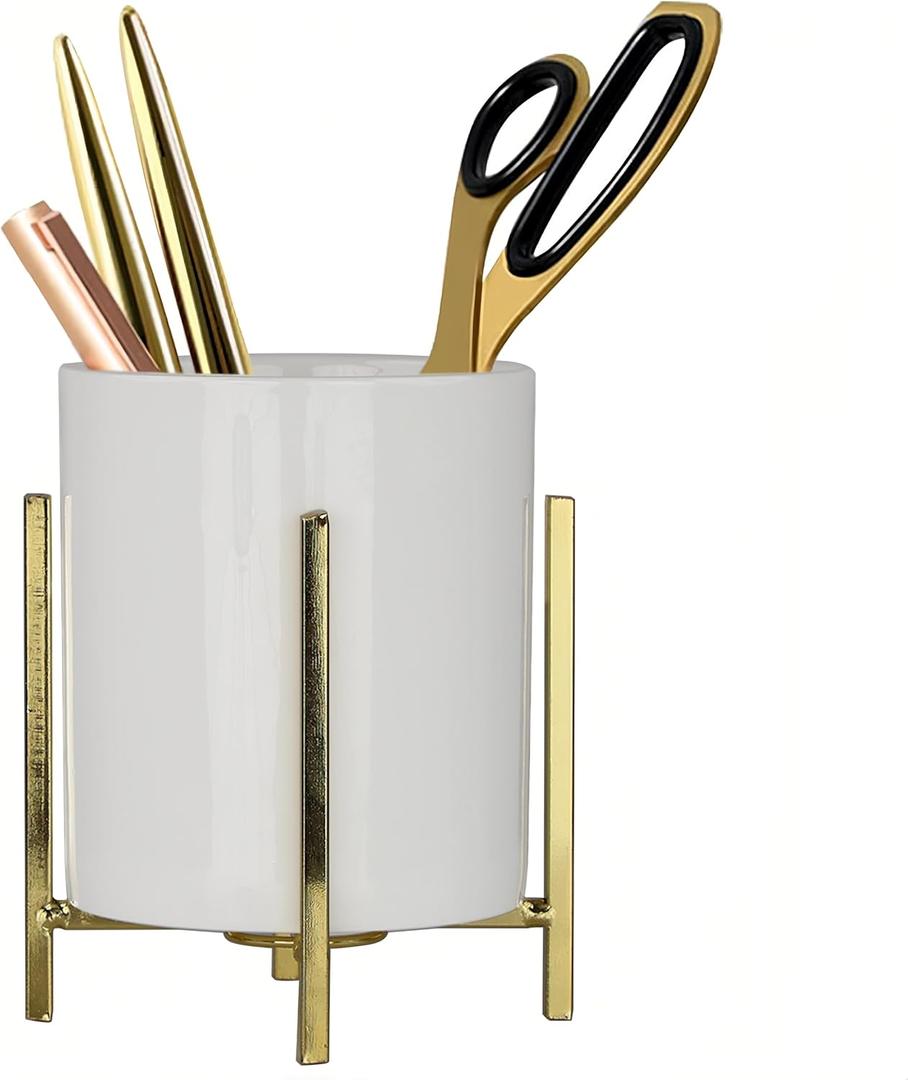 4.72" Gold Pen Holder Aesthetic Pencil Holder for Desk, Gold Desk Organizers and Accessories for Women Girls, Ceramic Pen Holder for Office (White Cup-Gold Bracket), Pack of 2 
