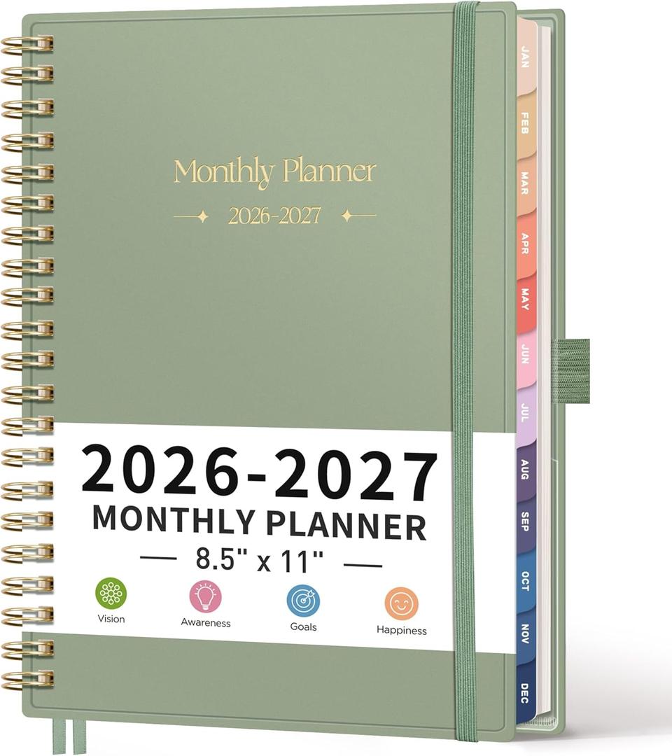 RETTACY 2026-2027 Monthly Planner, Jan 2026 - Dec 2027, Large Size (8.5" x 11"), Agenda, Calendar, 24 Month Tabs, Flexible Plastic Cover, 100 GSM Thick Paper, Spiral-bound (Light Green)