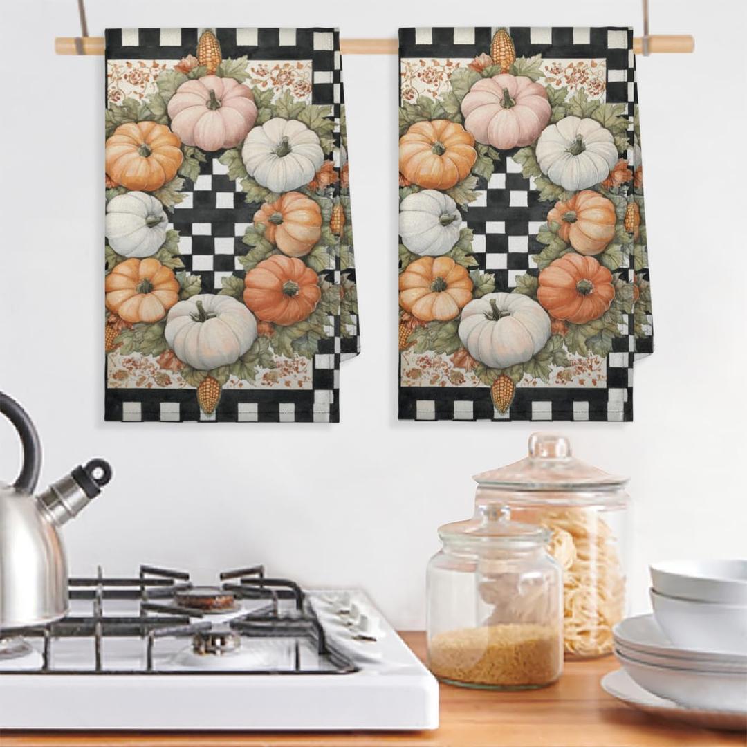 Colorful Pumpkin Kitchen Towels Set of 2 Fall Buffalo Plaid Dish Towels Bar Absorbent Cleaning Tea Towel for Home Dining Restaurants, 18x28 inches