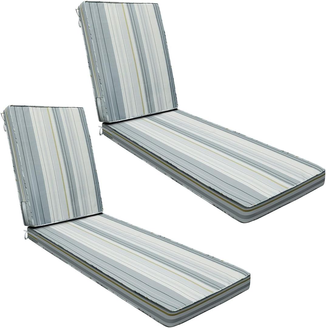 AAAAAcessories Outdoor Chaise Lounge Cushions, Fade-Resistant, Waterproof Patio Furniture Replacement Cushions, 80" x 26" x 3", Set of 2, Ash Blue Harbor Stripe