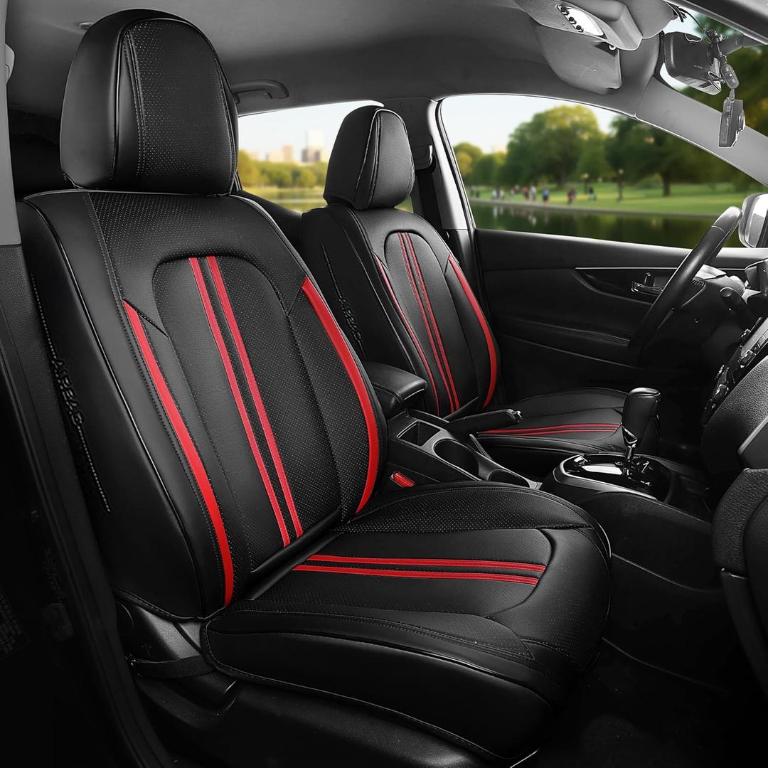 FREESOO Leather Car Seat Covers Full Set, Waterproof Black Seat Covers for Cars Trucks SUV, Luxury Car Seat Covers Front Seats and Back, Automotive Car Seat Cushion Protector Fit for Most Vehicles (#1 F9 Full Set - 5Pack, Black-Red Line)