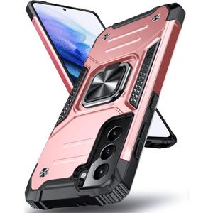 DASFOND Designed for Galaxy S21 Case with Stand, 360 Rotatable Metal Ring Kickstand Military Grade Impact Resistant Shockproof Protective Phone Case Cover for Samsung Galaxy S21, Rose Gold