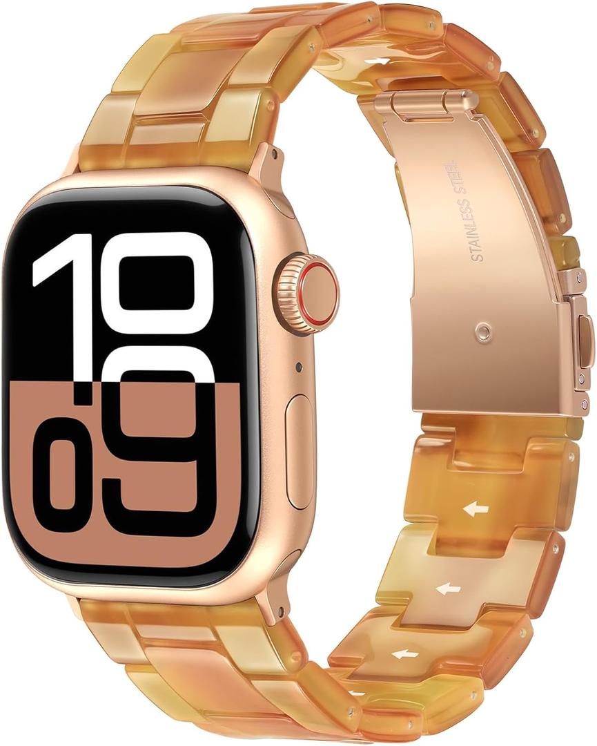 V-MORO Compatible with Resin Apple Watch Bands Series 11/10/9/8/7 46mm 45mm 44mm 42mm,Fashion Lightweight Resin Bracelet Wristband with Rose Gold Buckle iWatch Ultra 49mm Series 6/5/4/3/2/1/SE-Amber Glow