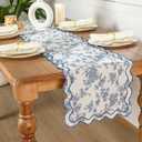 72 Inches Scalloped Edge Table Runner, Double Linen Fabric Table Runner Outdoor, Rustic Dining Decor for House Kitchen Coffee(Floral, Navy Blue)