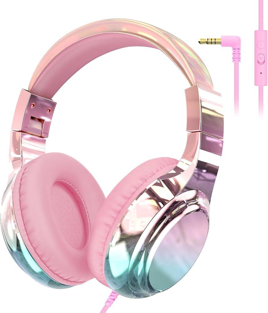 Children's Metallic Wireless Bluetooth Headphones, Children's Music Headphones with Microphone, Bluetooth 5.3 Foldable Headphones for Girls, Boys, Teenagers, for iPad/PC/Tablet (Pink)
