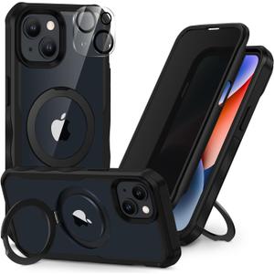 CENHUFO Privacy Phone Case for iPhone 14 / iPhone 13 [Compatible with Magsafe] Built-in Glass Privacy Screen Protector and Magnetic Ring Stand, Full Body Shockproof Clear Camera Lens Cover -Black