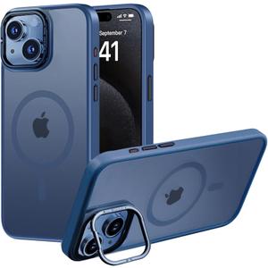 Designed for iPhone 15 Case, Compatible with Mag-Safe, Frosted Translucent Slim Case with Built-in Aluminum Alloy Lens Bracket, Military-Grade Drop Protection with Airbag Corners, Blue