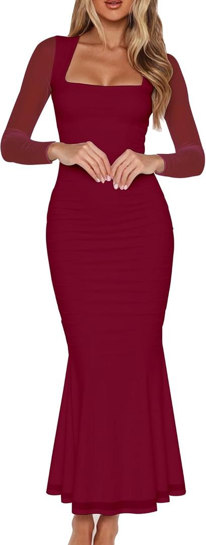BORIFLORS Women's Ruched Bodycon Long Sleeve Maxi Dress Mesh Square Neck Cocktail Party Long Dresses (Red, L)