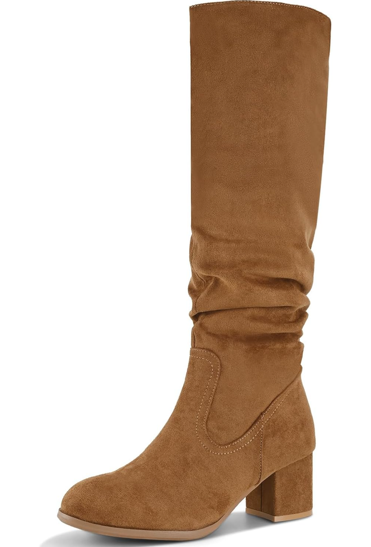 Shoe'N Tale Women's Knee High Boots Chunky Heel Pointed Toe Suede Slouch Winter Shoes with Side Zipper 8