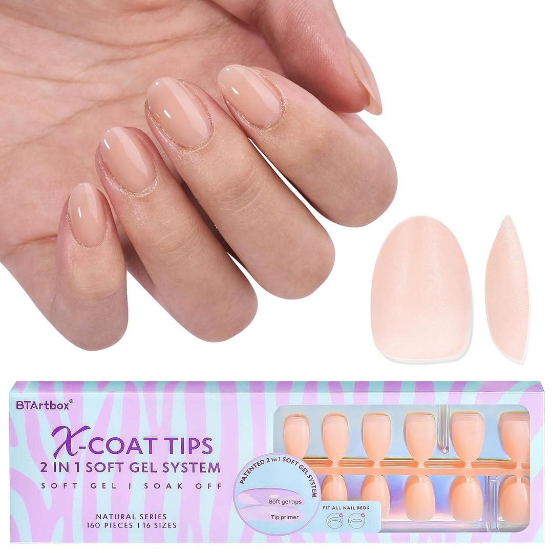BTArtbox 160pcs Almond Plastic False Nails, Extra Short with Primer Cover, Jelly XCOATTIPS, 16 Sizes, Full Well Tips, Pressure Comfortable Wear, Last 28+ Days, Ideal Gift