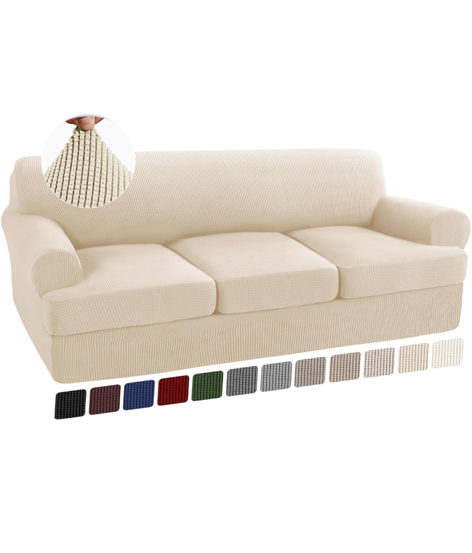 Turquoize 4 Piece T Cushion Sofa Slipcovers Stretch Couch Cover Furniture Covers with 3 Individual T Cushion Covers, Washable (3 Cushion Sofa, Biscotti Beige)