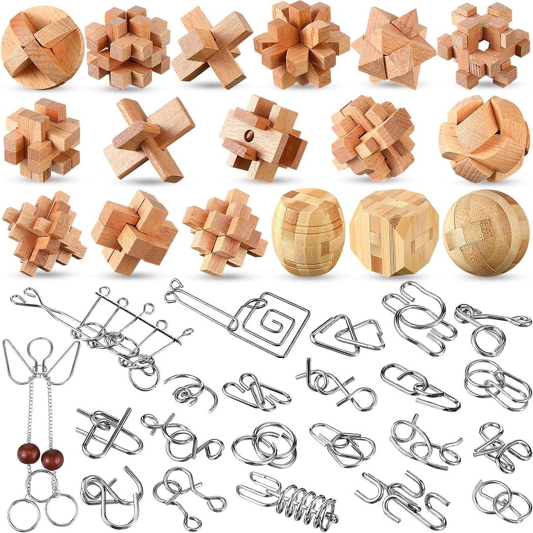 Yilloog 56 Pcs 3D Brain Teaser Puzzles Set Include 17 Wooden Brain 39 Metal Puzzles Unlock Interlock 3D Coil Cast Wire Chain for Adults Handheld Disentanglement Games Mind IQ Logic Test