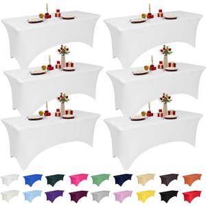 6 Pack 8 Feet White Spandex Tablecloth for Rectangular Tables, Fitted & Stretch, Washable, Wrinkle Resistant, Perfect for Event, Wedding, Party, Banquet, Cocktail, Festival, and Table Protector