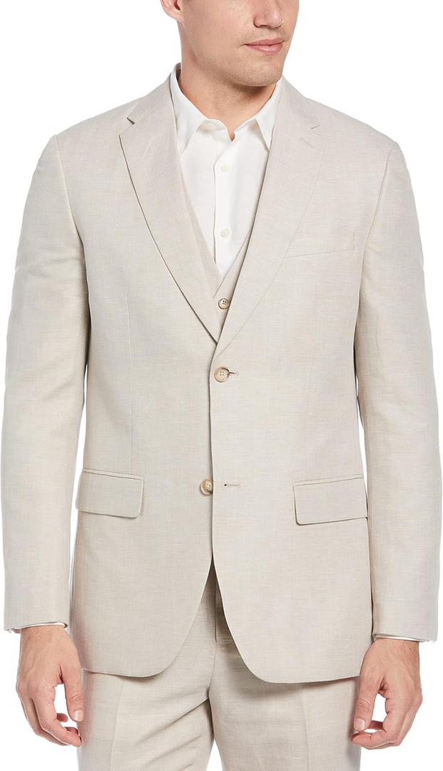 Perry Ellis Mens Linen-Blend Suit Jacket, Breathable Single Breasted Blazer, Regular Fit, with Chest Pocket  (42 Short, Natural Linen Herringbone 2)