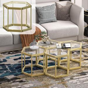 Gold Coffee Table Glass Modern Coffee Table, Hexagon Free Combination Glass Center Table Small End Tables with Metal Frame for Living Room Set of 1