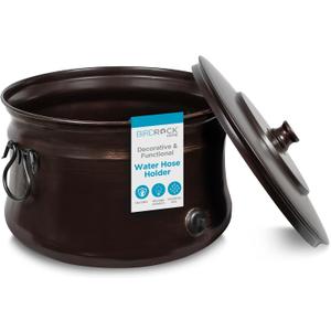 BIRDROCK HOME Water Hose Holder - Decorative Metal Pot, Indoor or Outdoor, Garden Storage Organizer, Patio Portable Bucket - Distressed Bronze, Holds up to 200ft Hoses, Large with Lid