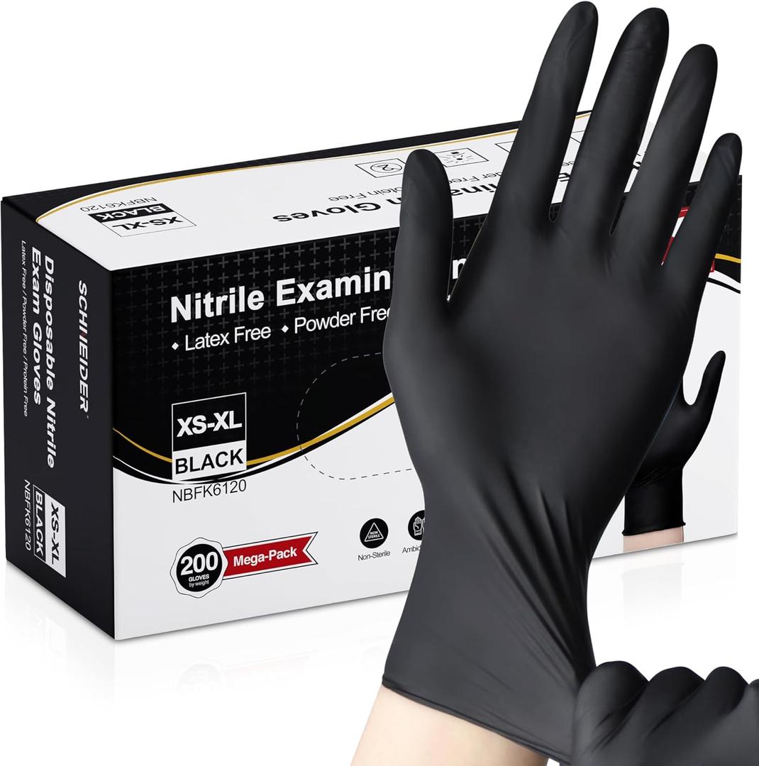 Schneider Nitrile Exam Gloves, Black Latex Free Powder Free Disposable Gloves for Medical, Cooking, Cleaning, and Food Prep (Small)