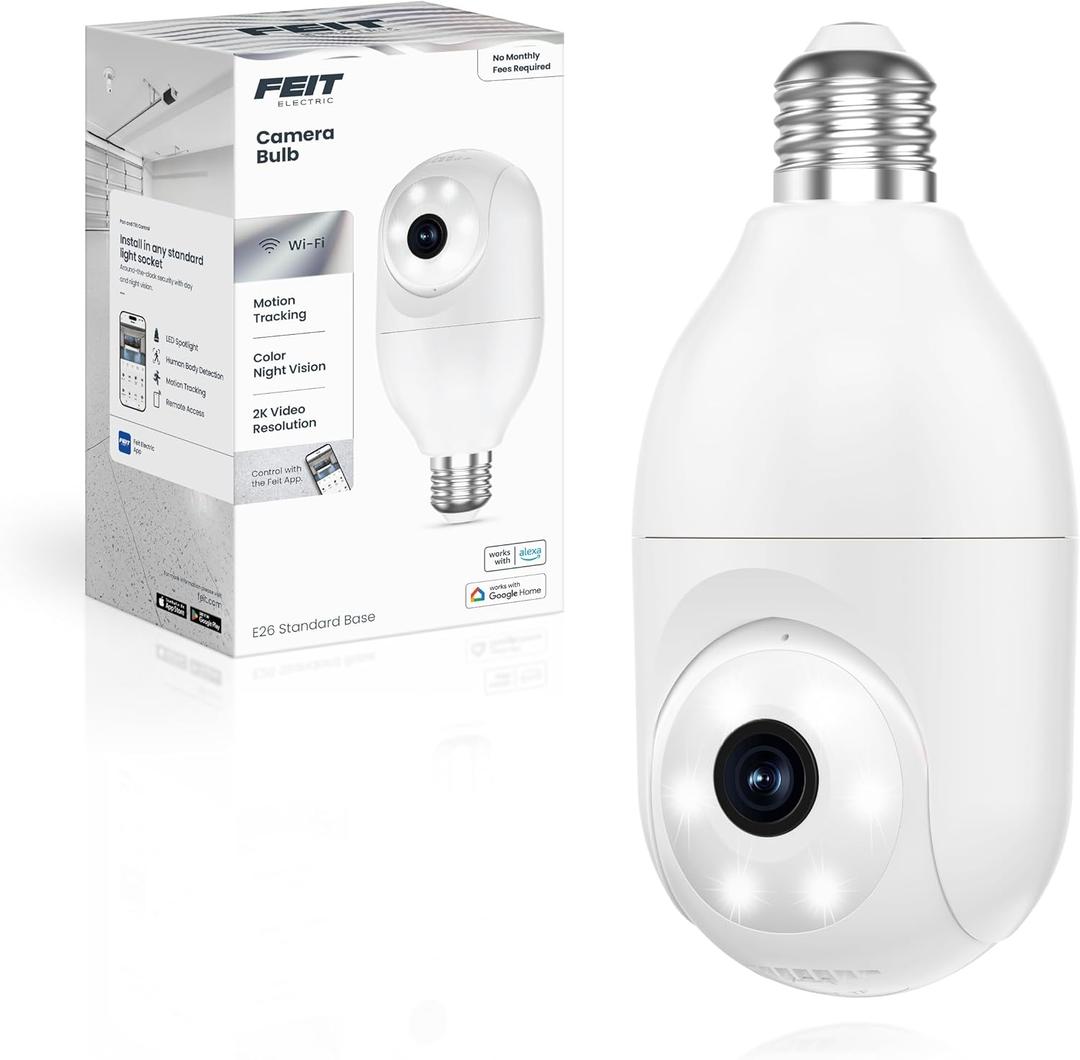 Feit Electric Smart Security Camera Bulb, 2K QHD Resolution, 2-Way Audio, Human Tracking, 350 Pan, Night Vision, Motion Alerts, E26 Base, Alexa/Google Assistant Compatible, CAM/PAN/WIFI/E26/2K (White)