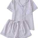 Verdusa Women's Plaid 2 Piece Cute Pajama Sets Short Sleeve Button Down Shirts with Shorts Loungewear (Purple, S)