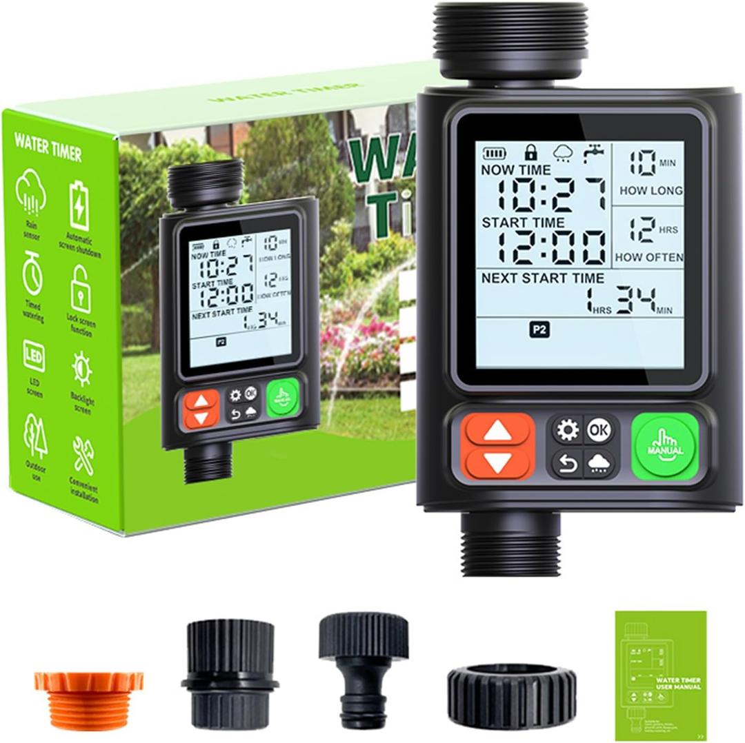 Sprinkler Timer for Garden Hose, Upgrade 10 Program Water Timer with Auto Rain Delay, IP54 Waterproof 3.3“ Large LCD Drip Irrigation System Timers for Plant, Yard, Lawns, Outdoor