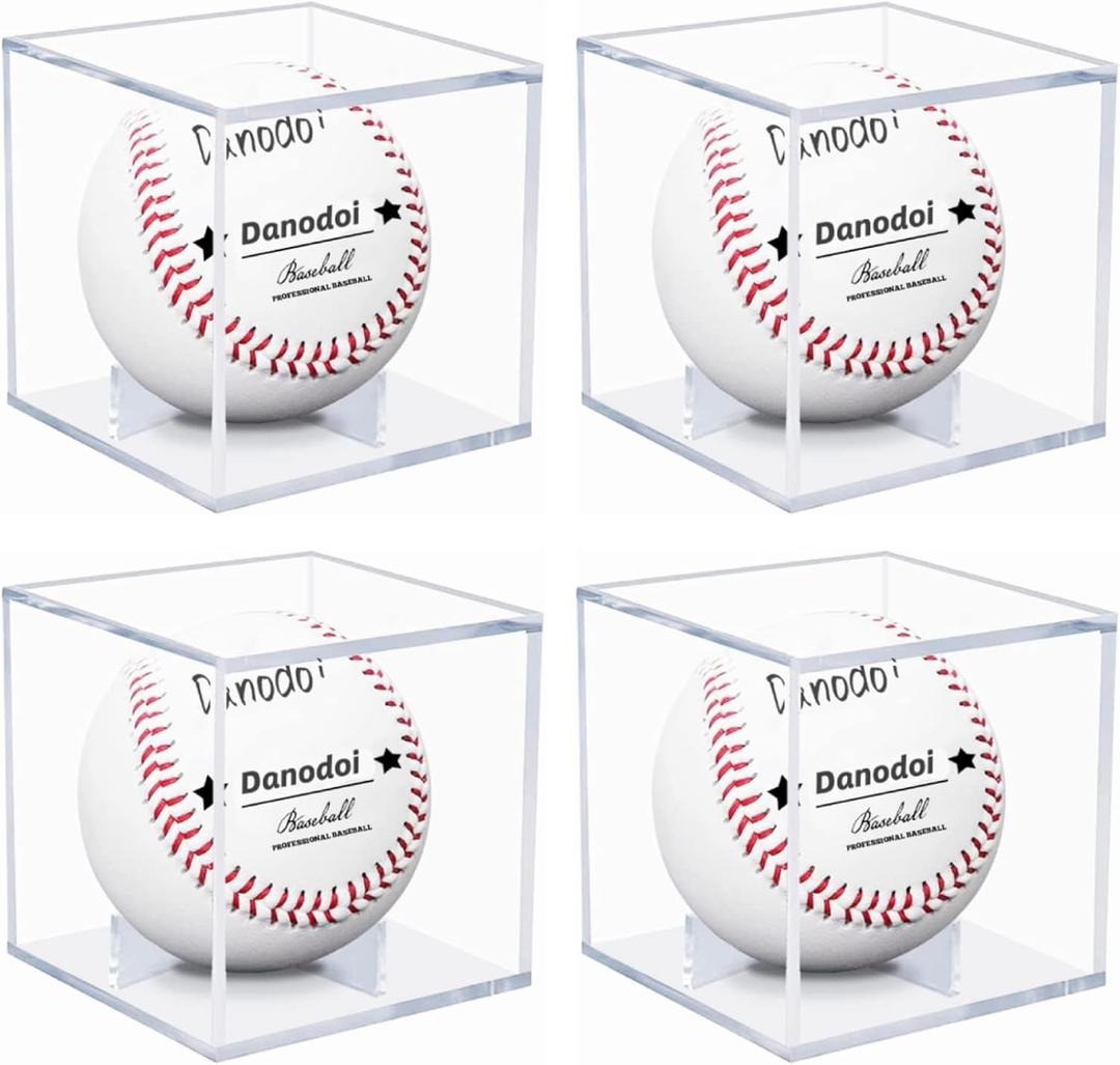 4 Pack Baseball Display Case UV Protected Acrylic Clear Baseball Holder Square Cube Ball Protector Memorabilia Autograph Display Box for Official Size Baseball, Clear
