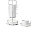Sureasy 4 Ounce Ceramic Espresso Cups Set of 4 - Stackable Demitasse Cups with Saucers & Metal Stand, Coffee Cups for Latte, Tea, Dishwasher & Oven Safe, White