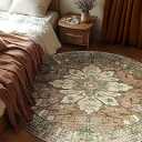 Area Rugs 5ft Washable Non-Slip, Floral Vintage Distress Print Pattern Medallion Carpet for Living Room Bedroom Dining Room, Brick Red Rust Neutral Brown Burnt Orange Green