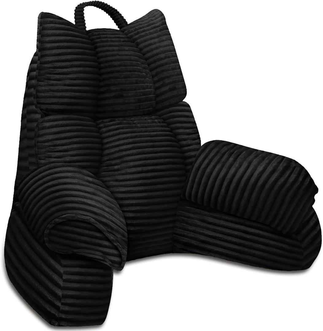 RRPAHWTV Reading Pillow for Bed with High Arm Rests, Back Support Pillow for Sitting Up in Bed with Shredded Memory Foam for Reading, TV, Gaming or Relaxing on Floor (Ink Black, Large)