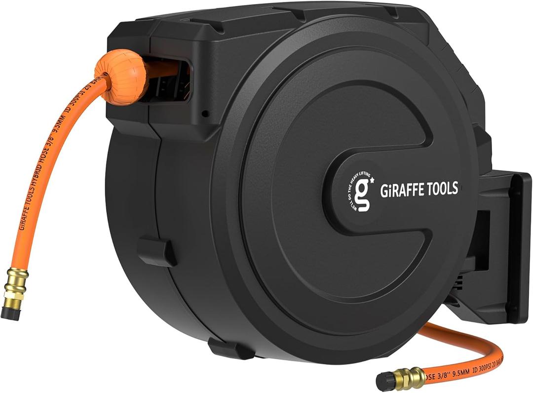 Giraffe Tools Retractable Air Hose Reel Enclosed with 3/8 in. x 50 ft Hybrid Hose, Lightweight Compressor Hose Reel Wall Mounted with 180 Swivel Bracket, 300 PSI (Medium)