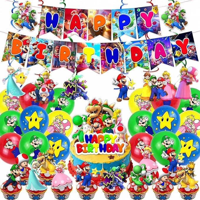 42 Pcs Cartoon Theme Birthday Decorations, Cartoon Party Decorations, Includes 1 Banner, 16 Latex Balloons, 1 Cake Toppers, and 24 Dessert Toppers