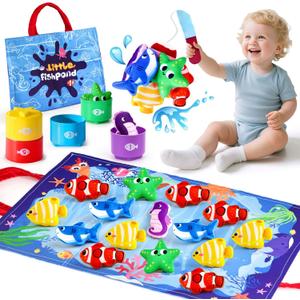 LovesTown Montessori Toys for Toddlers, Baby Sensory Toy Color Sorting Game Travel Essentials Preschool Learning Activities Cloth Fishing Games with Stacking Cups Boys Girls Gifts