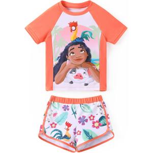 Disney Frozen Elsa Princess Girls Two Piece UPF 50+ Protection Quick-Dry Short Sleeve Swim Sets Rashguard Bathing Suit 5-6Y